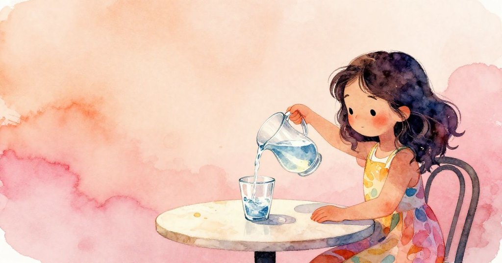 Vera 不小心傾斜玻璃水壺，水流輕盈地橫越桌面，表情驚訝，背景呈現咖啡廳溫柔燈光與寧靜場景。