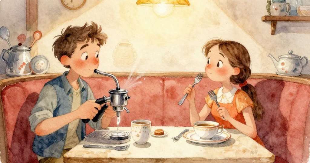 透過微開的門縫觀察，服務車在水流襲來下輕輕搖晃，廚具意外移動，背景隱約見現現代咖啡廳燈光。