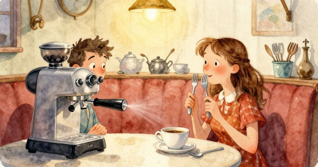 桌面特寫中杯墊滑動，甜點匙緩緩靠近邊緣，呈現詩意平衡，燈光柔和映出細膩動作與溫暖色調。