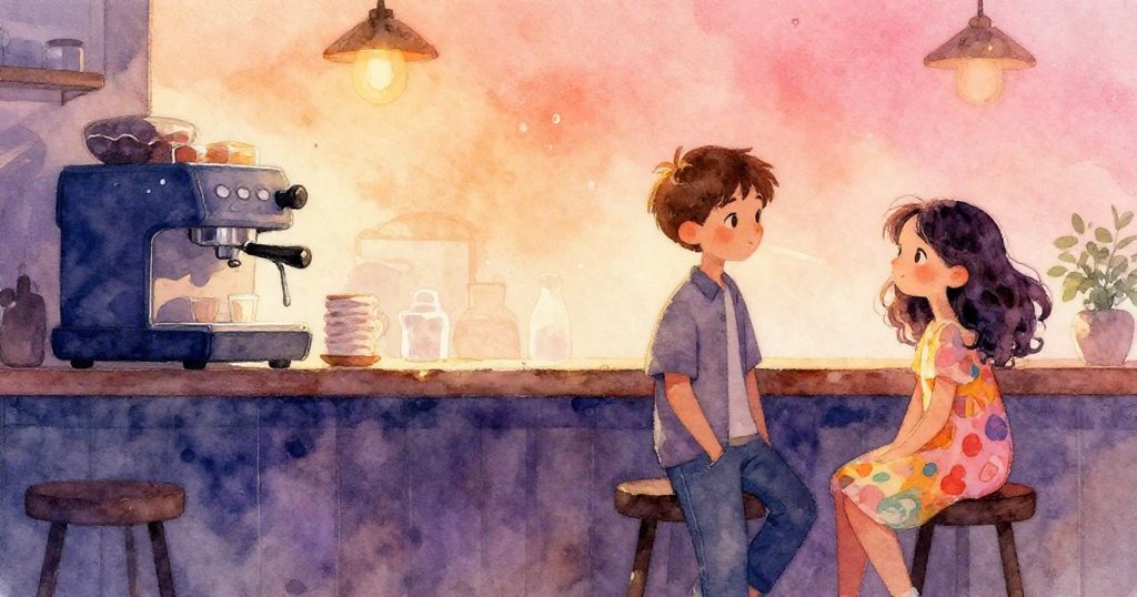 咖啡廳內恢復寧靜，滴水如小鏡面閃爍金光，Ian 與 Vera 神情平和沉思，背景中咖啡機輕柔嗡鳴。