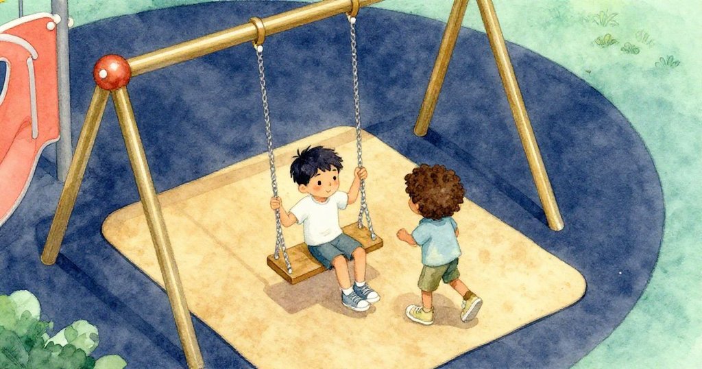 伊萊和薩姆在陽光普照的遊樂場中活動，從高空俯瞰展現閃亮秋千、溫暖地墊與活潑小孩，充滿期待和快樂。