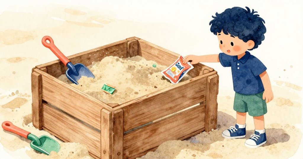 薩姆在沙盒中仔細觀察損壞的木箱和散落工具，細節豐富展現沙粒、塑料工具與飄動包裝紙的活潑畫面。