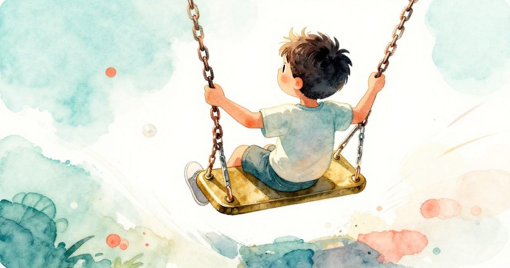 從伊萊視角看閃閃金屬秋千，明亮陽光照耀下他急速奔向搖擺鏈條，充滿渴望與瞬間緊張感。