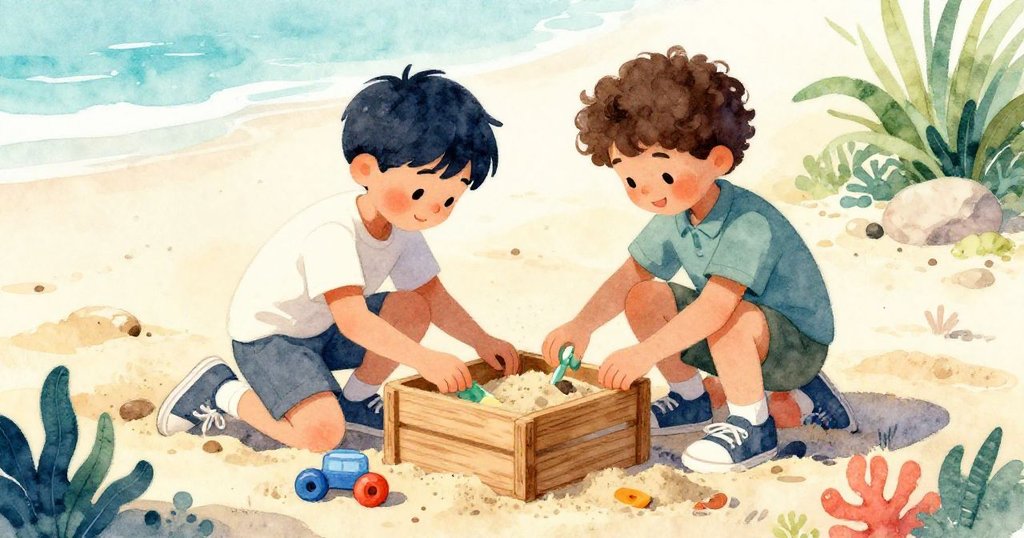 薩姆帶領伊萊在沙盒內合作堆沙，兩人細心操作木箱及玩具，暖陽映照下展現季節性溫馨與創意。