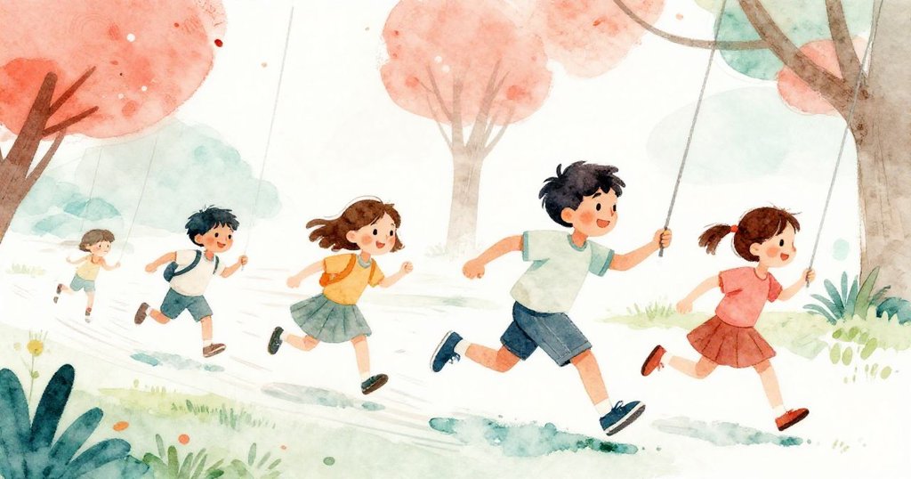 動態軌跡捕捉伊萊奔跑與新小孩推動秋千的情景，畫面充滿流動光影與活力，展現快樂遊戲瞬間。