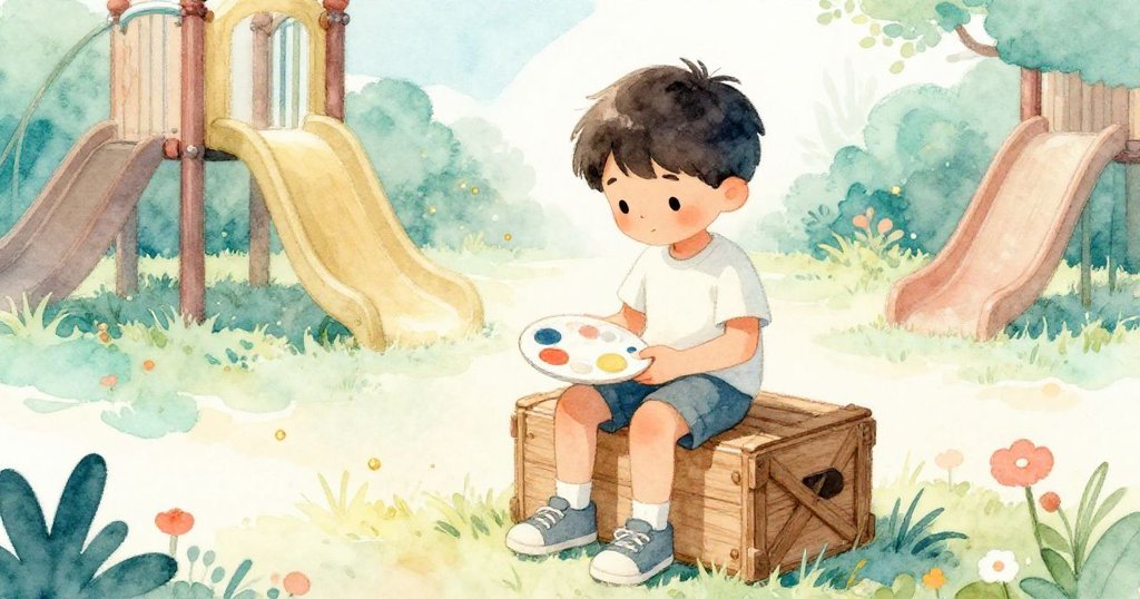 伊萊安坐於翻轉木箱上靜觀金塵飄舞，面帶平靜微笑，溫暖陽光灑落遊樂場，結束一天充滿創意的冒險。