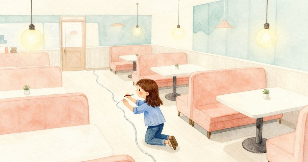 Clara在溫暖餐廳中蹲下，用手指輕觸銀色痕跡，從上方俯瞰餐廳全景，表情專注探索。