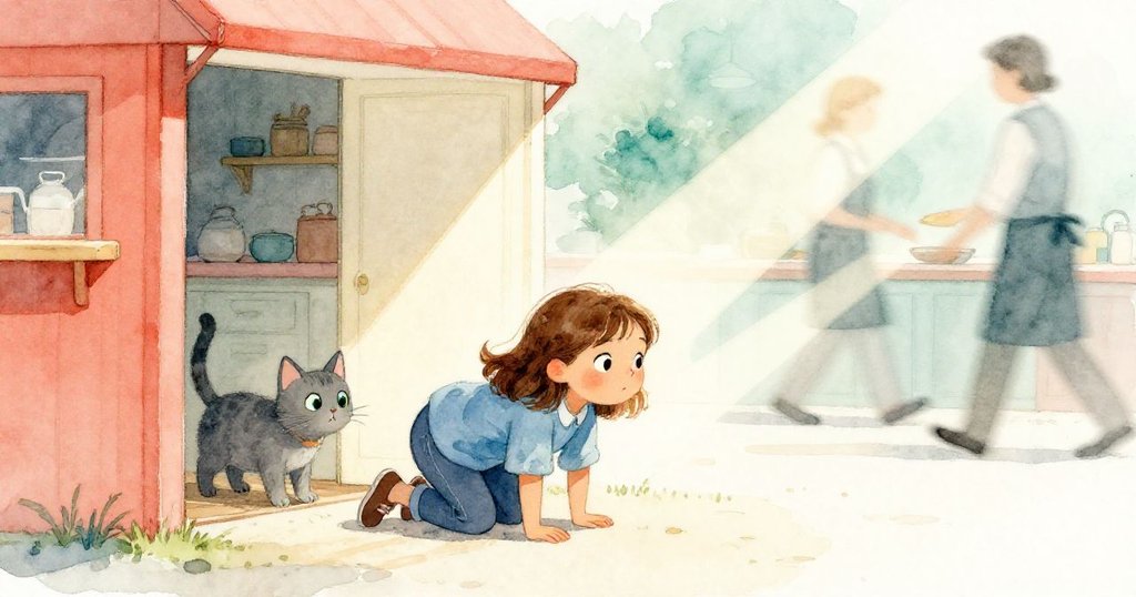 Clara爬向座位底下，灰貓在廚房門邊警覺注視，背景服務生忙碌，層次豐富展現探索過程。