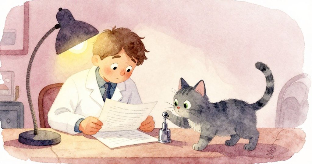 在酒吧區內，疲憊研究員在台燈下閱紙，灰貓輕觸神秘物件，溫馨光線中展現探索發展。