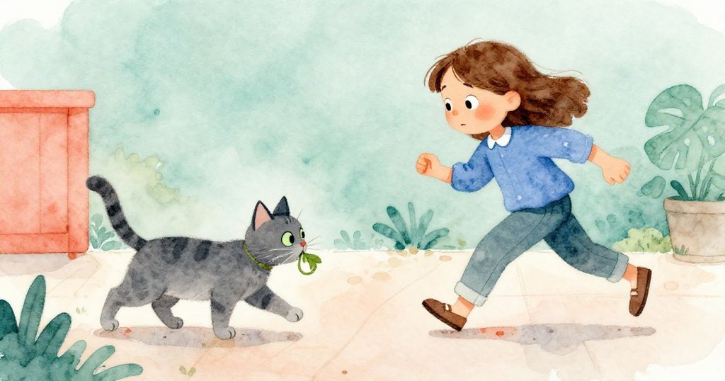 灰貓含著綠戒指快速奔向戶外露台，Clara緊隨其後，戶外光影互映，展現追逐熱情。