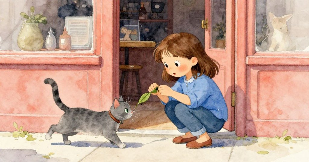 Clara蹲於夕陽照耀的門口，細心將綠戒指夾回破損皮帶，灰貓快樂跳躍，溫暖光線中故事完結。