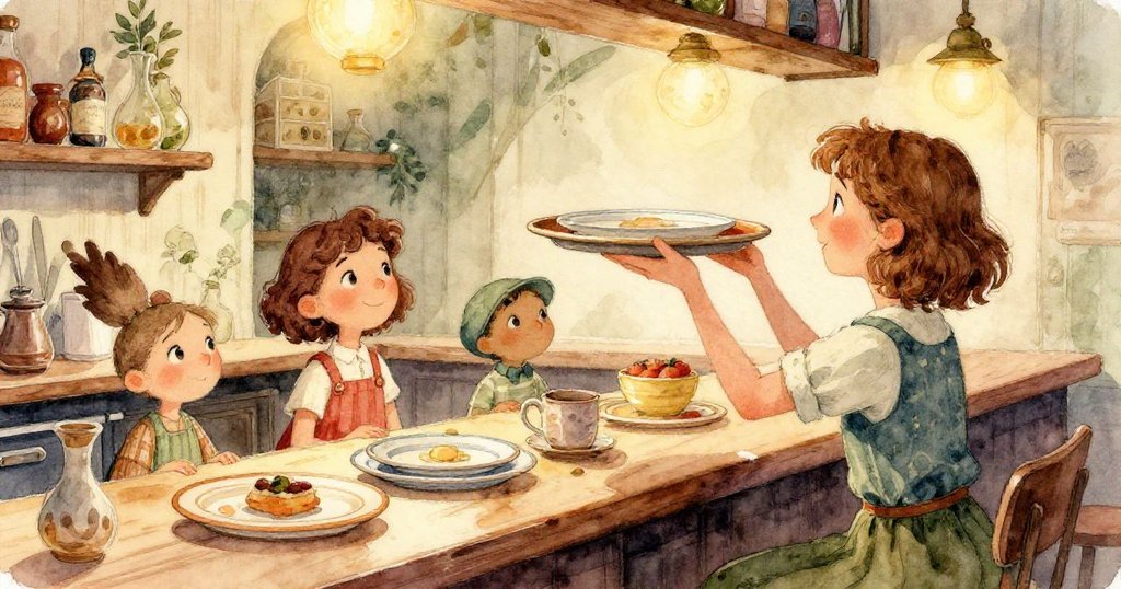 Fern手部特寫輕觸陶瓷盤與杯子蛋糕，細節豐富，色彩鮮豔而溫暖