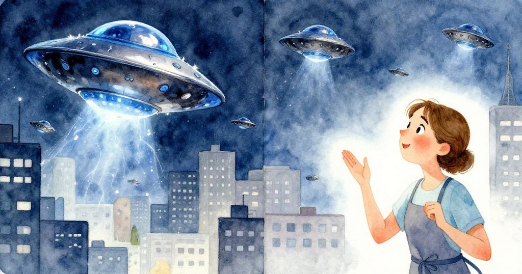 Fern注視雙重現實，一邊幻想飛碟般碟子漂浮，一邊真實呈現餐具滑落，神情充滿驚奇