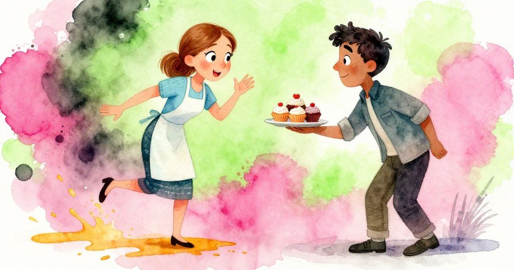 Fern在芥末濺出形成的濕滑區域努力平衡托盤，Kane安慰點頭，場面充滿緊張感