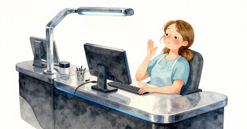 Fern在收銀台旁安坐休息，臉上露出安詳微笑，背景呈現現代都市溫馨氛圍