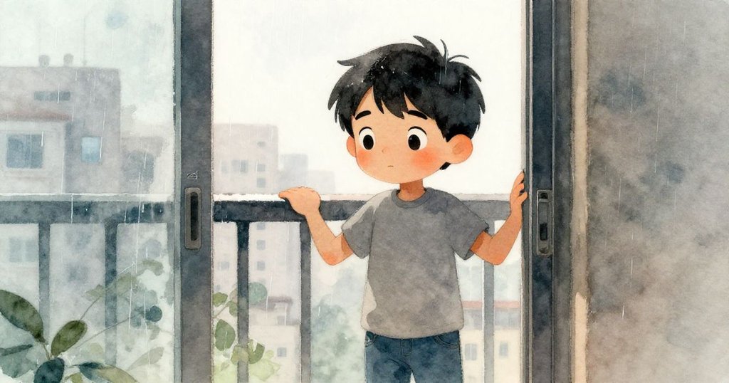 在清晨微霧中，Zane停在公寓陽台入口，緊握鋼欄杆，雨滴輕敲水泥地面，神情充滿好奇與期待。