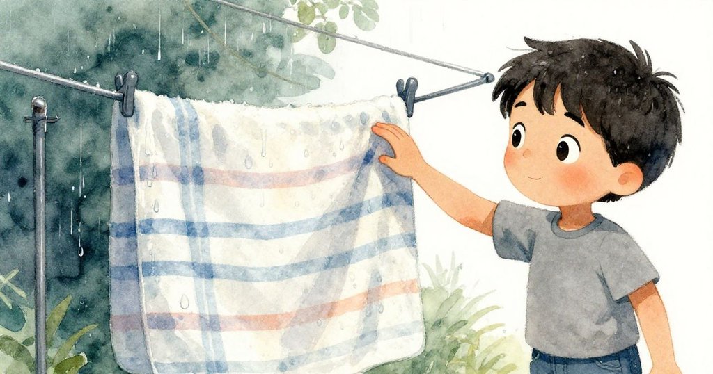 在濕潤的陽台上，Zane細心觸摸橫掛毛巾，感受毛巾濕重質感，旁邊隱約顯現神秘生物，畫面充滿詩意。