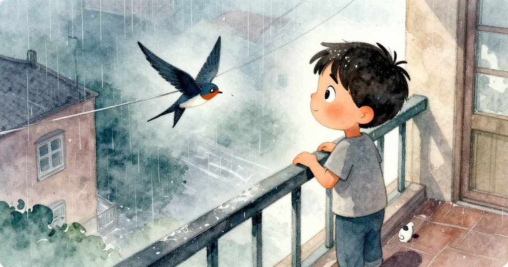 從高處俯視的陽台上，Zane謹慎踏步登陸，注視著衣繩上顫抖的生物，展現出細膩脆弱的情感。