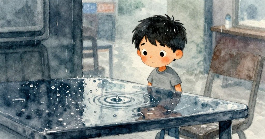 在室內過道上，雨滴聚集在塑膠桌面上形成水波倒影，Zane的腳輕觸濕潤環境，營造出沈浸般的靜謐感。