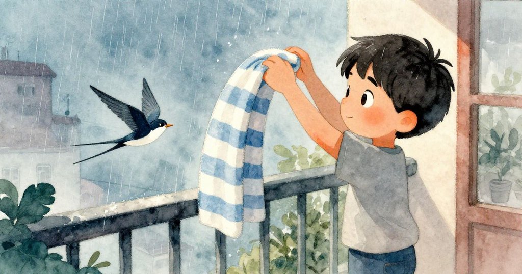 在靜謐陽台上，Zane溫柔地將毛巾塑造成拱形護住生物，雨中流露出希望與平靜，最終畫面寓意深遠且充滿暖意。