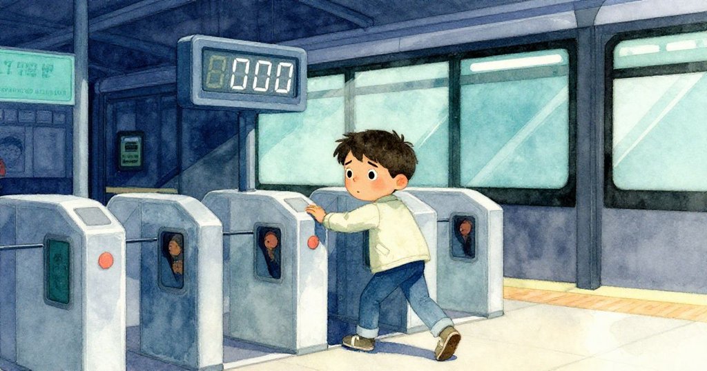 Theo 穿越現代公交月台,強勢推動售票閘門,背景倒數數字映出堅毅神情,都市光影交錯。