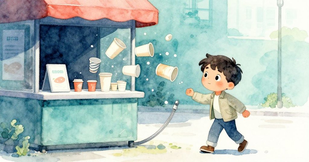 Theo 操作時不慎碰撞紙杯,一隻杯子滾落洩露動感,細膩刻畫出都市環境中意外的瞬間。