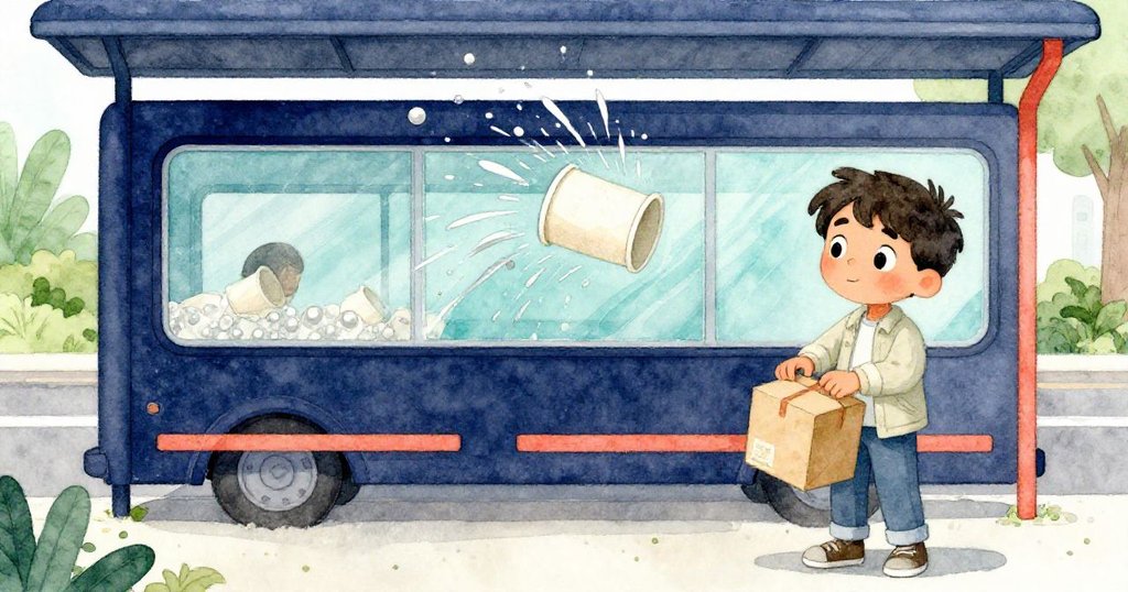 Theo 小心提高行李,背景中紙杯致動水花飛濺,層次豐富呈現都市月台混亂卻溫馨瞬間。