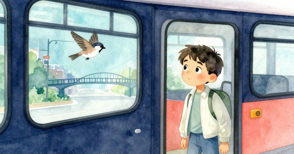 Theo 踏上巴士,臉上露出安心神情,窗外麻雀掠過橋影,寓意新旅程即將展開。