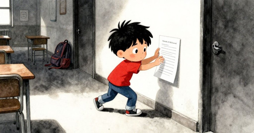 戴爾在走廊上推開作業紙，手上沾滿粉筆塵，神情堅定且略感焦急，背景有散落書包與桌椅。