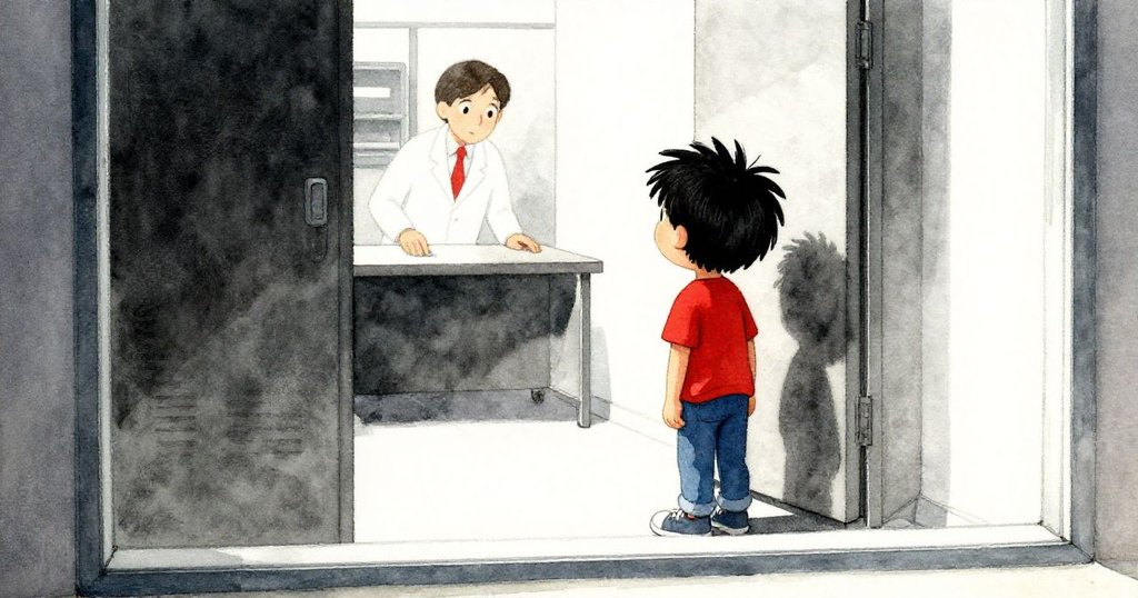 透過窗戶看見戴爾在供應間旁等待，神情期盼且耐心，室內隱約有科任老師行動，背景為學校走廊。