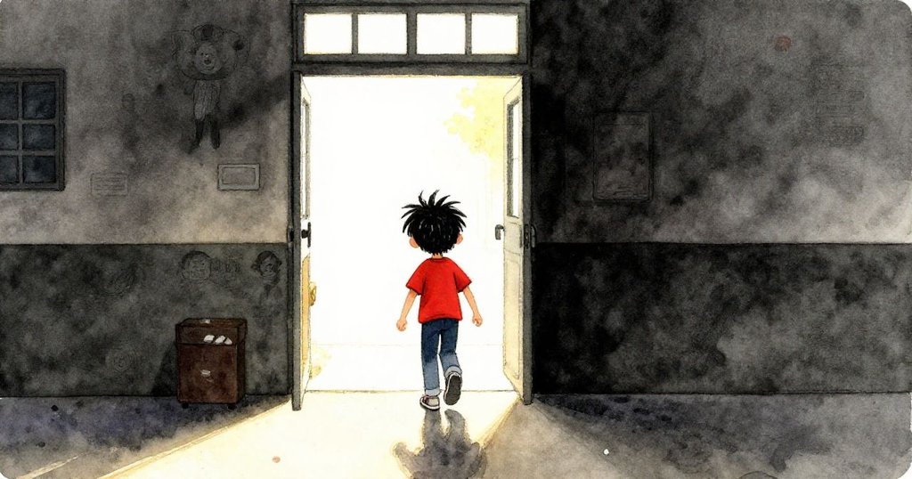 戴爾走出學校走廊融入明亮戶外區域，背景有學校入口與陽光，神情自信而急切，環境充滿交錯光影。