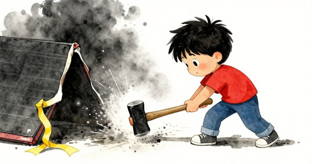 戴爾發現運動墊下被鐵鎚壓住的黃飄帶，正巧妙操作提起，周圍散落塵埃，神情堅毅，背景為雜亂供應室。