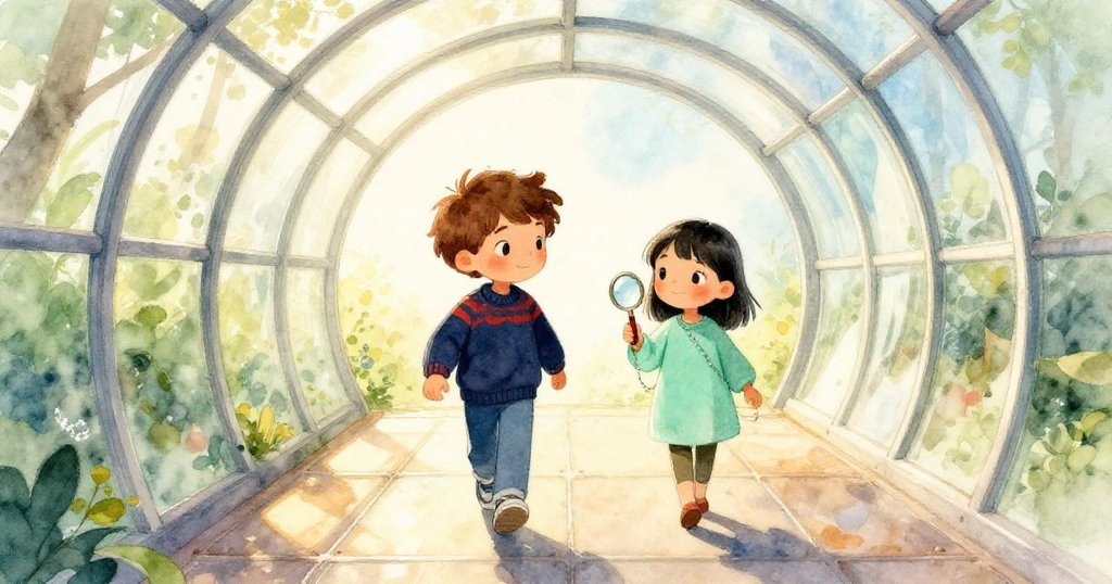 Jasper與Thea在晨光中走進透明走廊,金色光芒映照金屬地板,兩人邁步前行,表情期待與好奇。