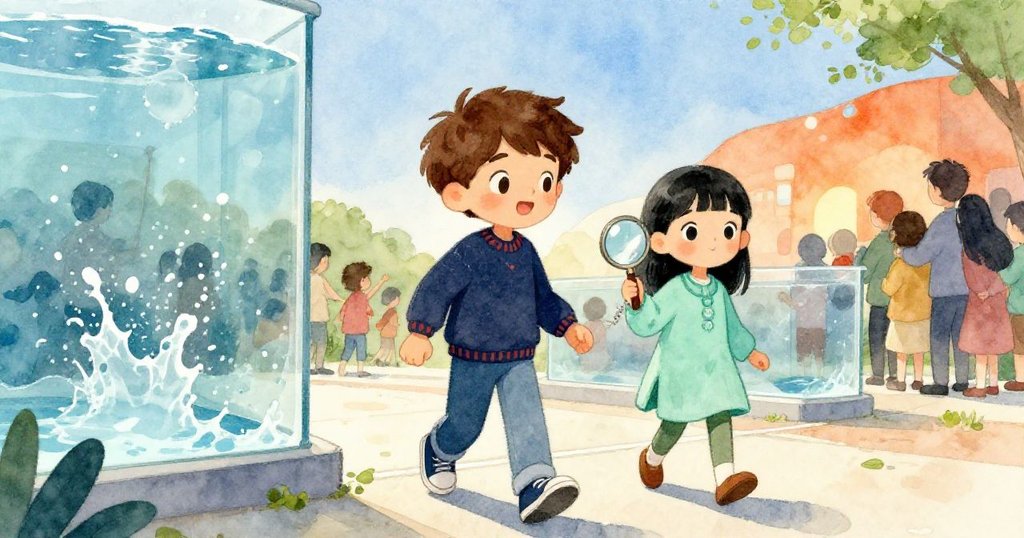 Jasper與Thea走入充滿人群與水花的大水族展示區,牆外玻璃水箱中閃動著光影,臉上流露些許急切神情。