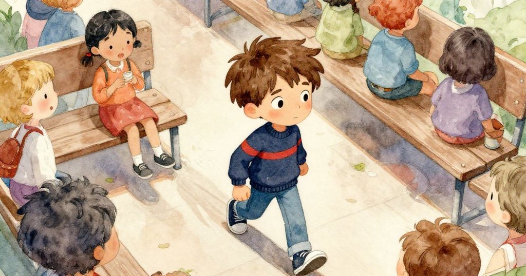 從高處俯視Jasper在人群擁擠的長椅區中計步前行,神情專注、充滿決心,背景細節豐富。