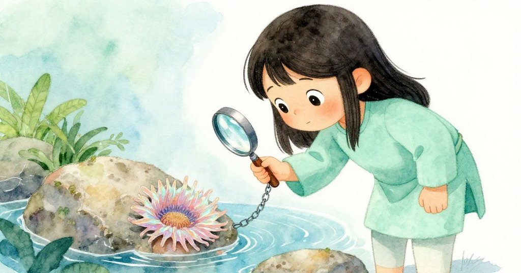 Thea在觸摸池邊用帶鏈放大鏡仔細觀察藏在石下的彩虹海葵,神情充滿驚奇與探索。