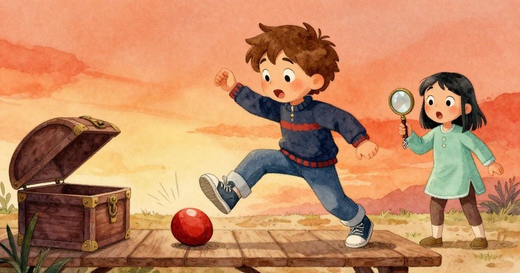 一瞬間,小紅石在長椅上彈跳,Jasper與Thea驚訝凝視,海盜箱蓋摩擦發出聲響,動態情景定格。