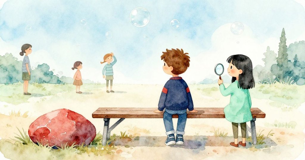 紅石靜靜震動於長椅邊,Jasper與Thea和旁人低語共賞神秘情景,氛圍平靜中滿含續篇期待。