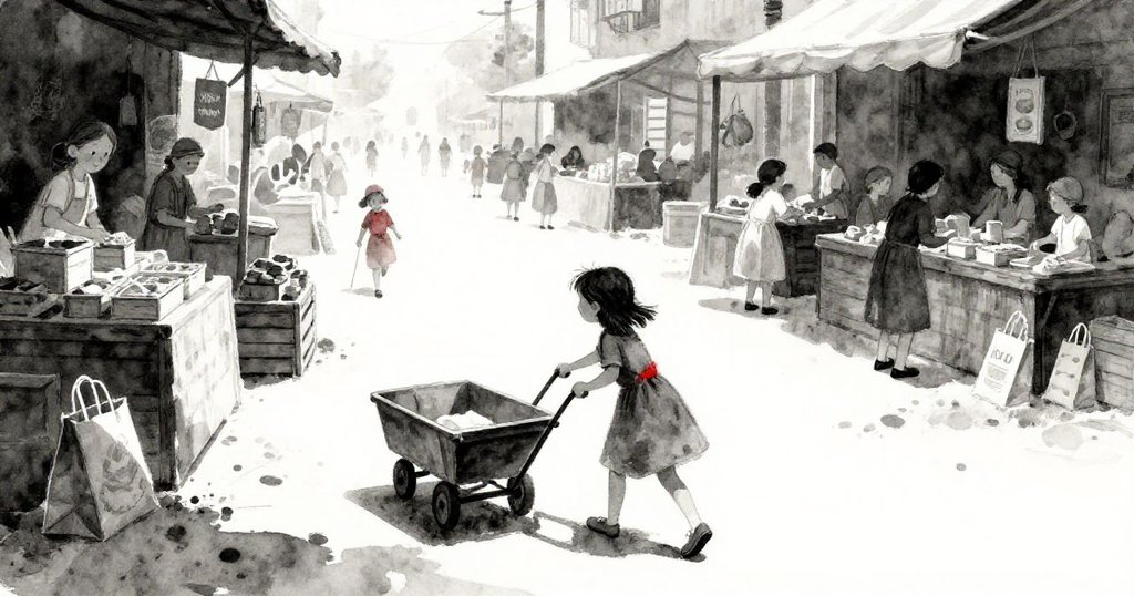 Opal 在忙碌市集小巷駕駛小推車，木箱與紙袋隨風輕響，表情自信，早晨光影交錯充滿戲劇性。