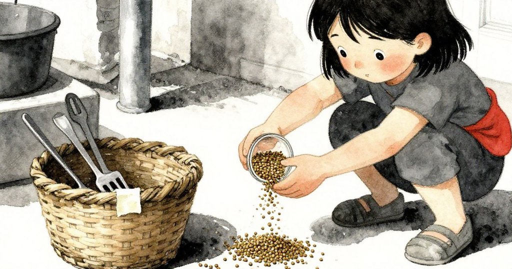 Opal 細看推車內的香料袋與修補籃子，手法溫柔，背景透出市集忙碌與溫和光線。