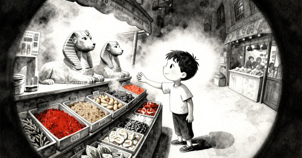 Oscar 在香料櫃旁彎腰伸手輕觸石像，背景煙霧瀰漫、視角扭曲，表情專注好奇。