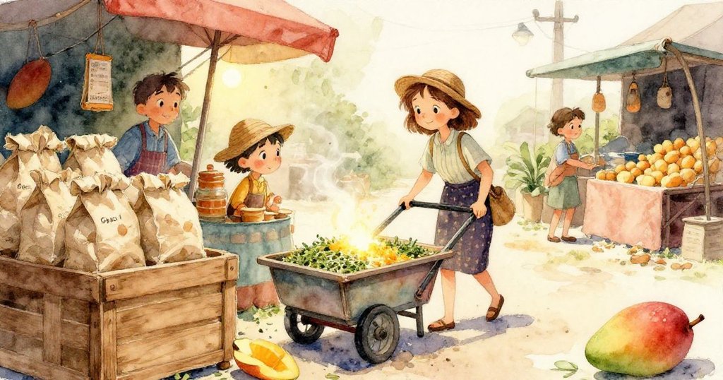 溫和攤販迅速滑布於搖晃醋瓶下，旁邊展示著鮮豔漩渦彩碗，市集中洋溢動感與明亮光線。