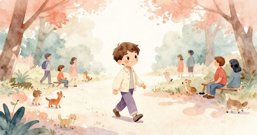 瑞德走在公園石子路上，背景有其他遊客與小動物，陽光透過樹葉灑下，神情充滿期待與喜悅。