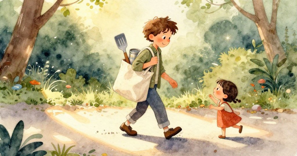 瑞德小心地在露濕的長椅上放置畫布袋，他的手正在調整裡面的鏟子和沙丁魚罐，動作專注而溫柔。