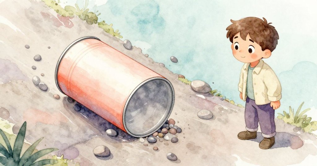 從高處俯視，瑞德看著沙丁魚罐沿著濕滑的石面滾動，碎石閃閃發光，他的神情既驚訝又擔心。