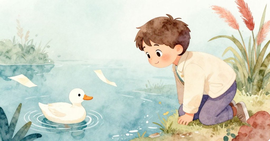 瑞德俯身凝望公園池塘，水面上映出飄落的紙頁和好奇的小鴨，他神情專注且充滿溫柔驚奇。