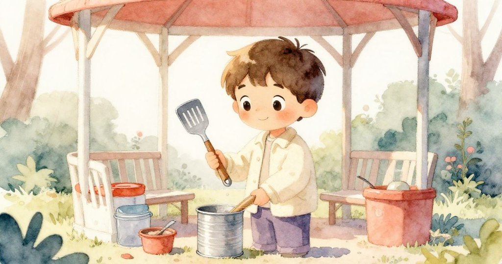 瑞德在涼亭下收拾散落的鏟子與沙丁魚罐，臉上露出平靜與釋然，公園恢復寧靜，陽光柔和灑落。