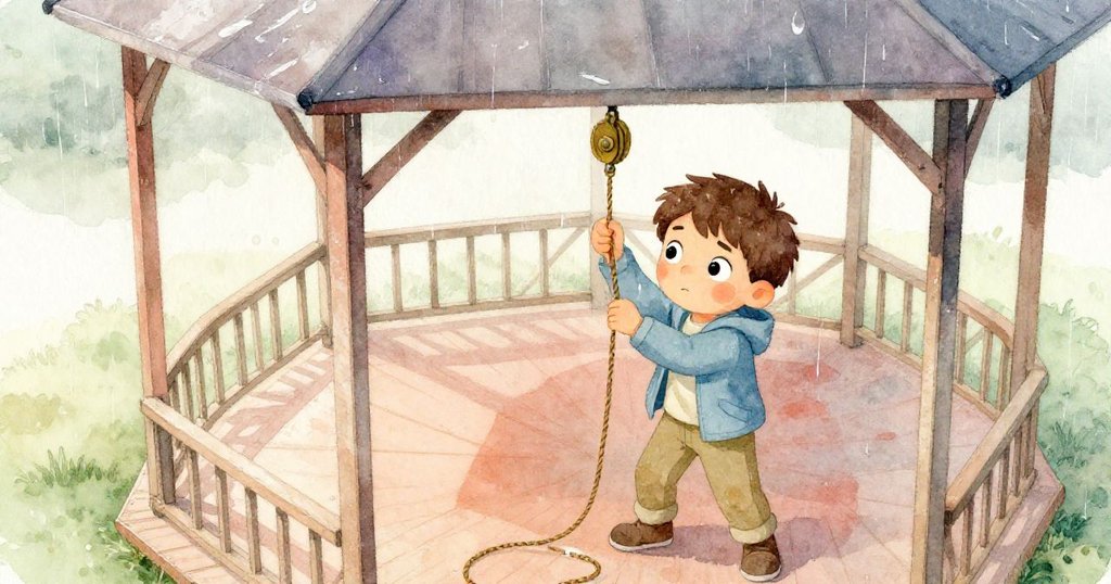 格蘭特在雨後的涼亭中,從高空俯瞰中專注地穿過銅滑輪,雨滴閃爍,情緒專注且充滿準備工作的動力。