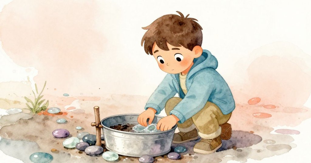 格蘭特調整由木棍支撐的錫盆,旁邊散落著光澤鵝卵石,動作謹慎,展現精心搭建與脆弱平衡的情景。