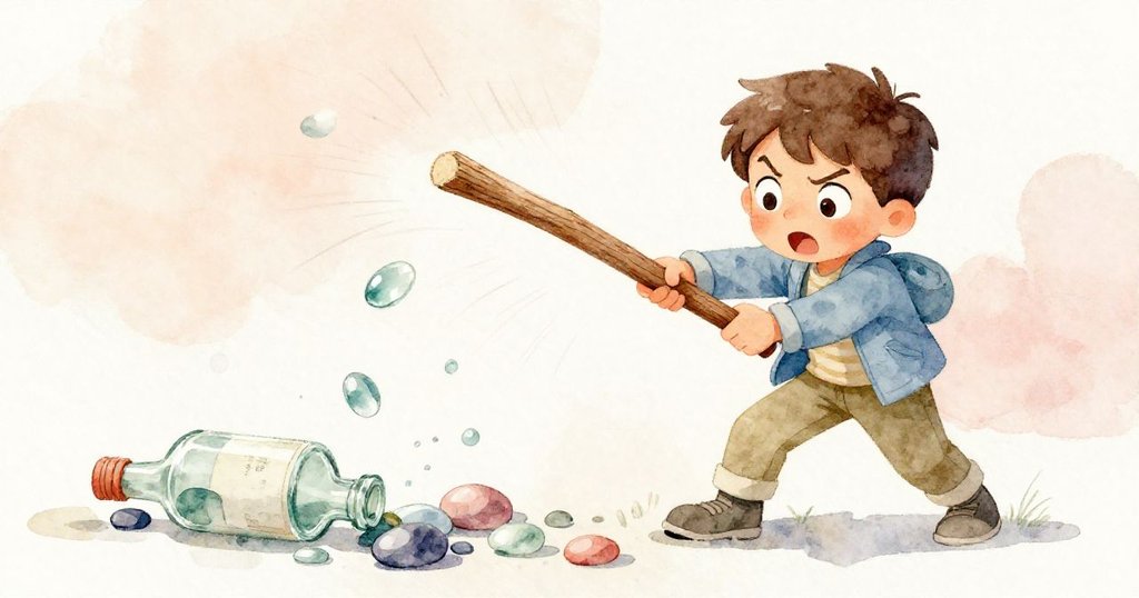 瞬間之間,木棍猛擊鵝卵石並使瓶子傾倒,格蘭特急促反應,展現緊張氛圍與動作瞬間。